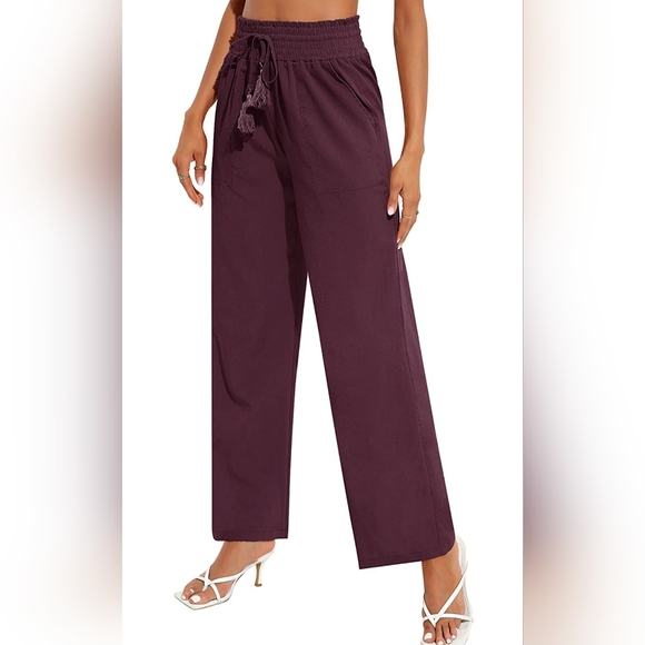 Women's Cotton Linen Pants Loose Elastic Waist Beach Trousers Size Large Red - Picture 1 of 3